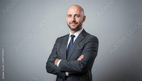 Confident businessman in suit smiling with arms crossed on gray background  