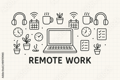 Remote work concept with laptop and office icons in minimalist style