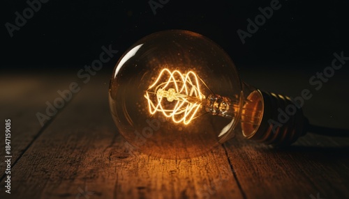 Vintage light bulb glowing on wooden surface in low light setting  