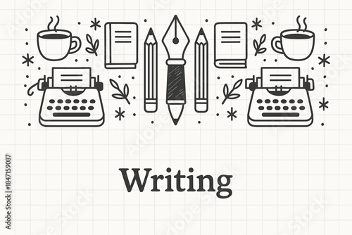 Vintage writing tools with typewriters and coffee cups