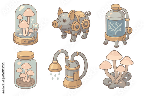 Steampunk Mycology Icons. Isometric vector illustration set Steampunk mycology: luminescent spore generator, mechanical hog with
