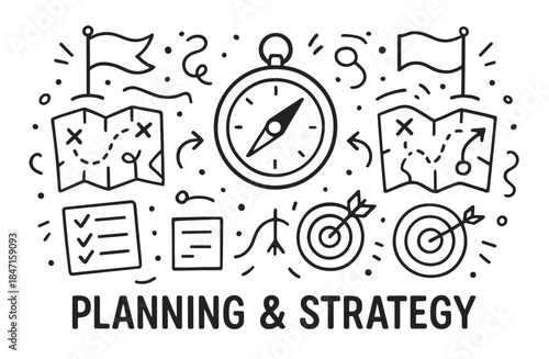 Planning and strategy concept with compass, maps, and targets