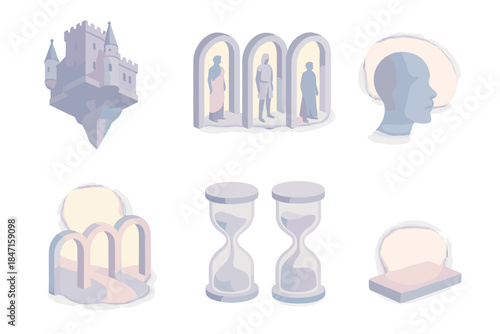 Surreal Temporal Designs. Isometric vector illustration set Surreal temporal designs: upside-down fortress, portals to different
