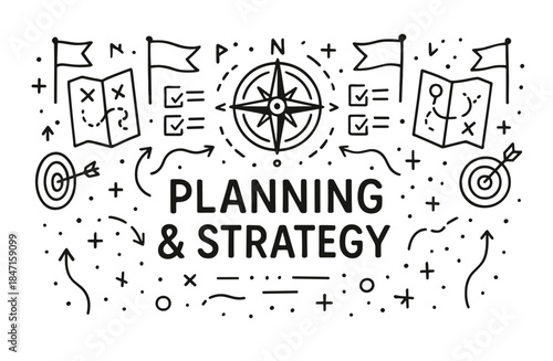 Planning and strategy concept with maps, compass, and target icons