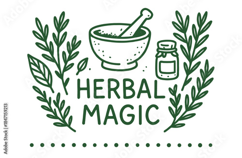 Herbal magic design with mortar, pestle, and leaves in green