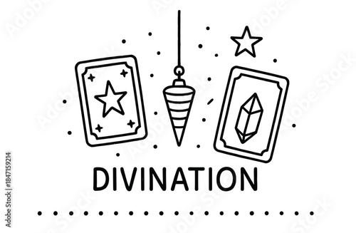 Mystical divination symbols: pendulum, tarot cards, stars, crystal