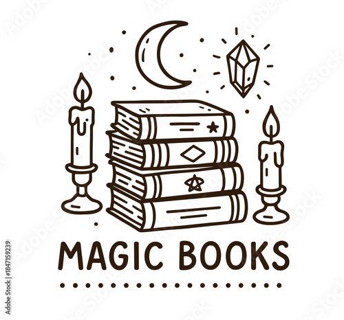 Stack of magical books with candles, moon, and crystal