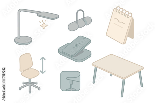 Home Office Essentials. Isometric vector illustration set of home office essentials: lamp with adjustable brightness, cord tiding
