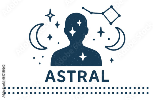 Astral silhouette with stars and crescent moons surrounding human figure