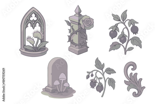 Gothic Garden Emblems. Isometric vector illustration set of gothic garden emblems: ornate window with Venus flytrap, thorned rose