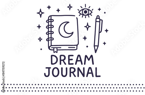 Hand-drawn dream journal with moon, stars, eye, and pen