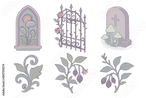 Gothic Botanical Elements. Isometric vector illustration set of gothic botanical elements: Venus flytrap framed in cathedral
