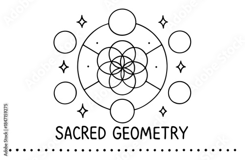 Sacred geometry pattern with circles and stars in monochrome design