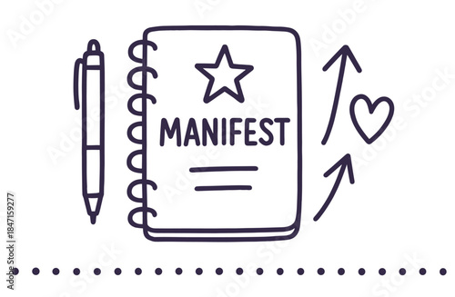 Manifest journal with pen and heart doodles