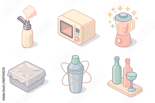 Playful Cooking Gadgets. Isometric vector illustration set of playful cooking devices: gastronomy lab tool for foams, retro