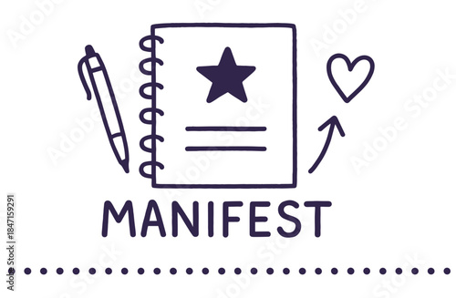 Manifest journal design with pen, heart icon, and star symbol