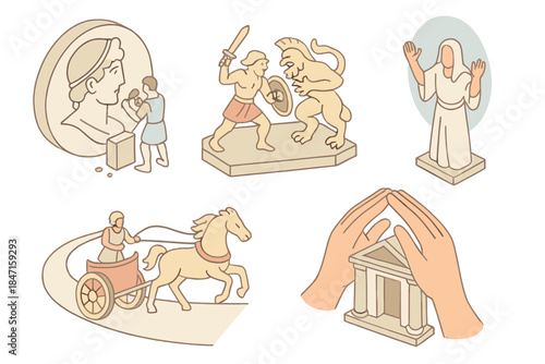 Ancient Legend Icons. Isometric vector illustration set of ancient legend icons: sculpting hero profile medallion, fierce monster