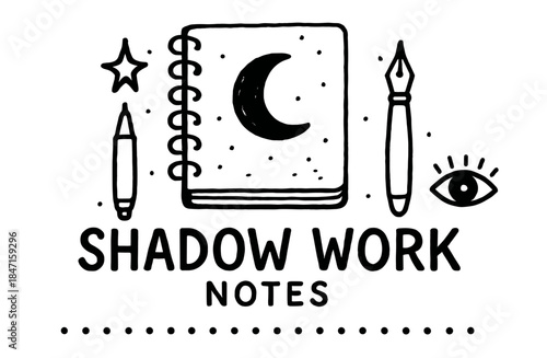 Shadow work notes: journal with pen, brush, and eye doodles