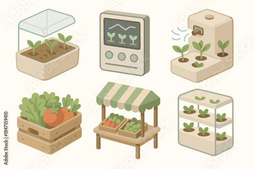 Modern Microfarm Elements. Isometric vector illustration set of modern microfarm elements: seed sprouting station, digital growth