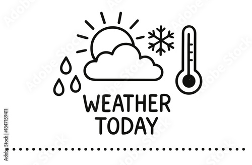 Weather symbols: sun, cloud, snowflake, thermometer, and raindrops