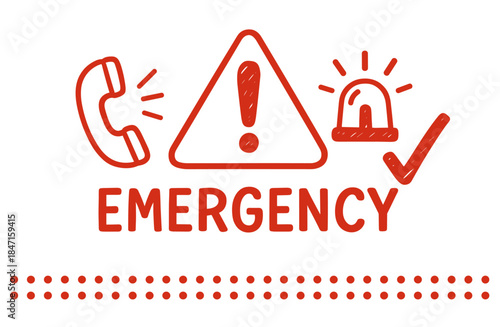 Emergency symbols: phone, alert triangle, siren, and checkmark in red outline