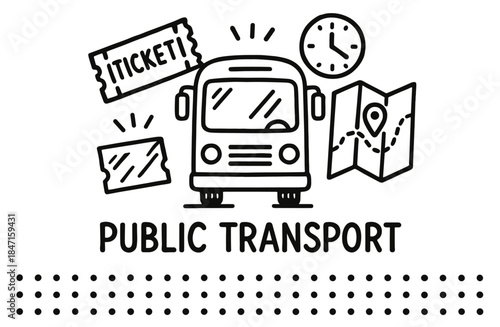Public transport icons: bus, tickets, map, and clock in black and white