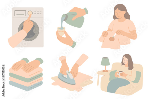 Clothing Care Icons. Isometric vector illustration set of clothing care steps: choosing wash cycle, pouring detergent cap,