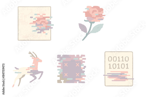 Digital Textile Glitches. Isometric vector illustration set of digital textile glitches: stitched error pattern on fabric grid,