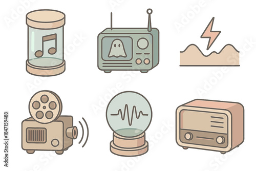 Forgotten Sound Archives. Isometric vector illustration set of forgotten sound archives: musical notes preserved in time capsule,