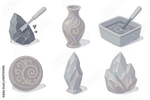 Glasslike Stone Crafting. Isometric vector illustration set of glasslike stone craftsmanship: carving obsidian fragment, vase