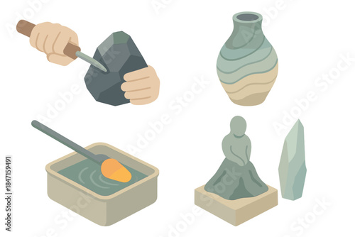 Molten Art Workshop Icons. Isometric vector illustration set of molten art workshop: shaping obsidian with precision tools, vase