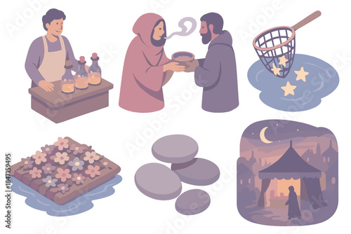 Dreamlike Market Icons. Isometric vector illustration set of dreamlike market icons: vendor selling bottled twilight glow, trader