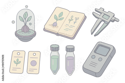 Cosmic Flora Research Tools. Isometric vector illustration set of cosmic flora research: floating plant pod, field sketchbook,