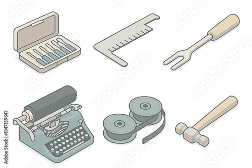 Typewriter Repair Tools. Isometric vector illustration set of retro writing machine repair: screw extractor set, alignment ruler,