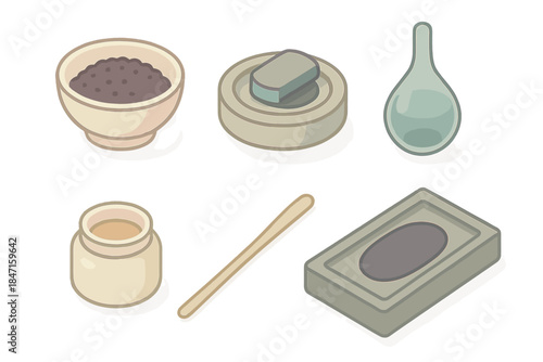 Isometric Ink Toolkit. Isometric vector illustration set of traditional writing ink toolkit: pigment powder bowl, stone grinder,