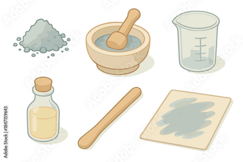 Ink Workshop Essentials. Isometric vector illustration set of ink-making workshop: crushed mineral pigment, wooden grinding pestle