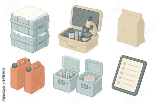 Antarctic Lab Inventory. Isometric vector illustration set of Antarctic lab inventory: snowproof supply boxes, lab equipment kit,