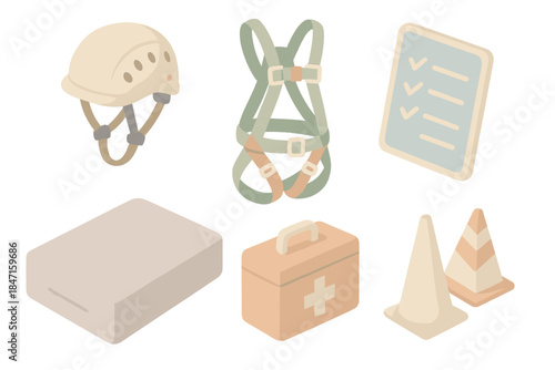 Stunt Essentials Icons. Isometric vector illustration set of action stunt essentials: protective headgear, full-body safety
