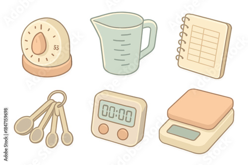 Cooking Toolkit Icons. Isometric vector illustration set of cooking assistant toolkit: timer dial, graduated measuring jug,