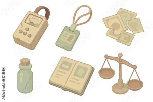 Post-Apocalyptic Relic Set. Isometric vector illustration set Post-apocalyptic relic identification and trading: broken Geiger