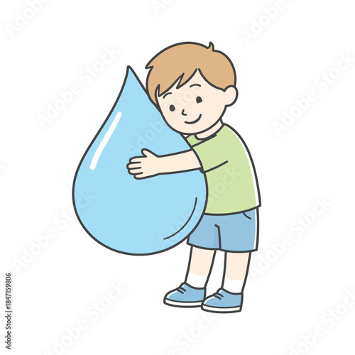 Happy young boy hugging large water droplet with joy