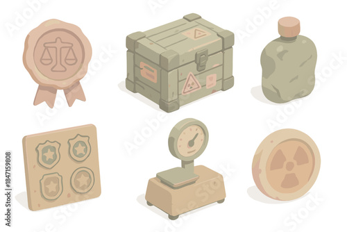 Post-Apocalyptic Relic Icons. Isometric vector illustration set Post-apocalyptic relic identification and trading: trade permit
