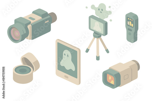 Ghost Hunting Equipment Icons. Isometric vector illustration set Ghost photography evidence analysis toolkit: infrared camera with