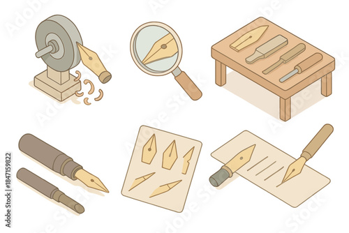 Vintage Pen Crafting. Isometric vector illustration set Vintage fountain pen nib grinding styles: nib grinding wheel with shavings