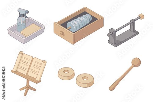 Glass Armonica Essentials. Isometric vector illustration set Glass armonica performance and maintenance: crystal polishing kit,