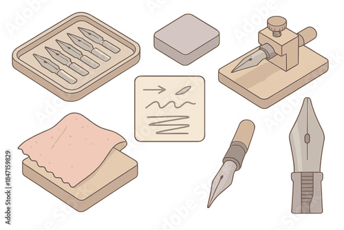 Vintage Pen Nib Tools. Isometric vector illustration set Vintage fountain pen nib grinding styles: vintage pen tray with various
