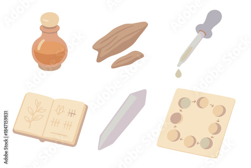 Esoteric Perfume Oils. Isometric vector illustration set Esoteric perfume oil blending notes: amber resin vial, oud wood sliver,