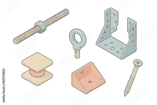 Treehouse Building Hardware Icons. Isometric vector illustration set Professional treehouse building hardware: threaded rod with
