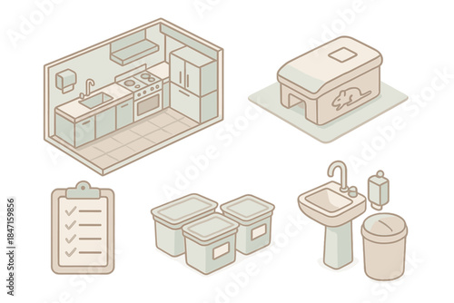 Food Truck Preparation. Isometric vector illustration set Food truck health inspection preparation: interior layout with labeled