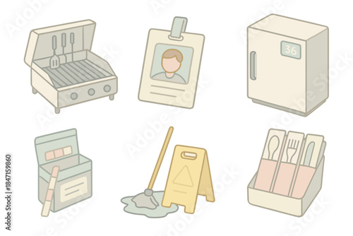 Food Truck Prep. Isometric vector illustration set Food truck health inspection preparation: cleaned grill with tool rack, food